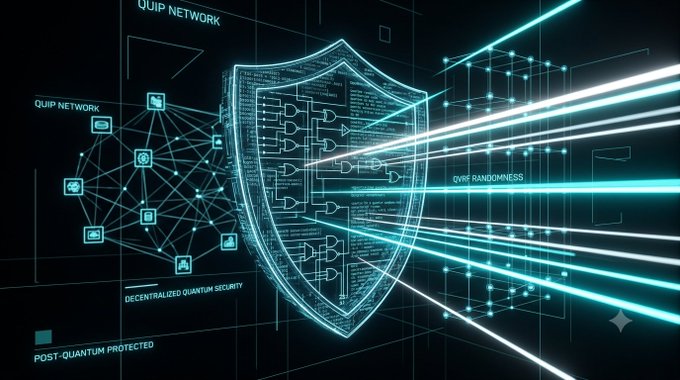 A digital illustration depicting cybersecurity concepts with a glowing blue shield containing code and circuit patterns, labeled with terms including 'QUIP NETWORK,' 'QVIR RANDOMNESS,' 'DECENTRALIZED QUANTUM SECURITY,' and 'POST-QUANTUM PROTECTED,' with light beams shooting outward.