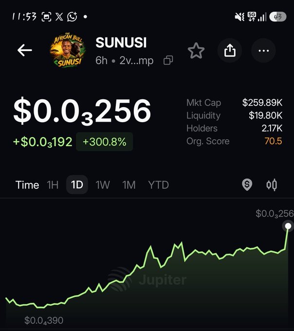 A screenshot of the SUNUSI token on Jupiter shows its price surging to $0.03256, up +300.8% (+$0.03192) in 24 hours, with a market cap of $259.89K, $19.80K liquidity, and 2.17K holders. The post's bullish "They Don't know what is coming" caption aligns with the dramatic price spike visible on the chart.