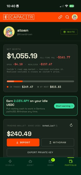 A screenshot of the CAPACITR app showing user atown's portfolio with a net worth of $1,055.19, an open loss of -$4.10, and a realized loss of -$157.67, along with a trading wallet balance of $240.49. The image ties to the post's bullish sentiment about $CAPACITR by showcasing the platform's interface where users can track their investments ahead of anticipated "giga candles."