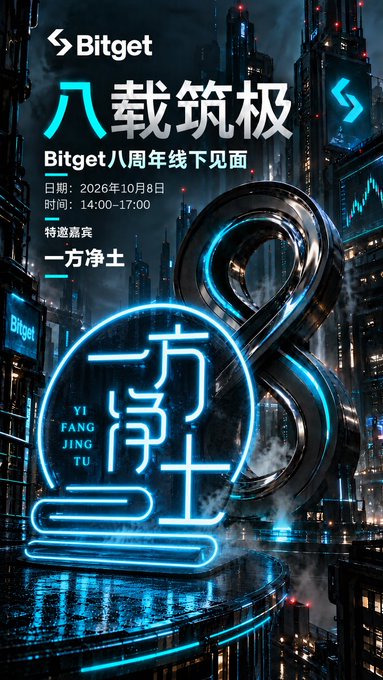 A Bitget promotional poster in Chinese for their 8th anniversary offline event '八载筑极', featuring guest 一方净土 (Yi Fang Jing Tu), scheduled for October 4, 2026, 14:00-17:00.