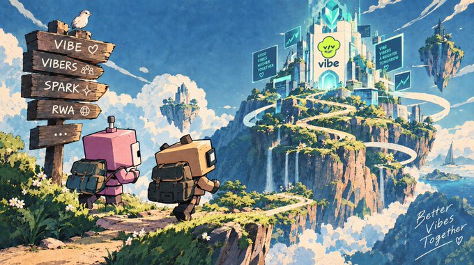 An illustrated scene shows two pixelated characters with backpacks looking toward a floating castle labeled 'vibe' on a mountain, with a signpost pointing to 'VIBE', 'VIBERS', 'SPARK', 'RWA', and the text 'Better Vibes Together'.