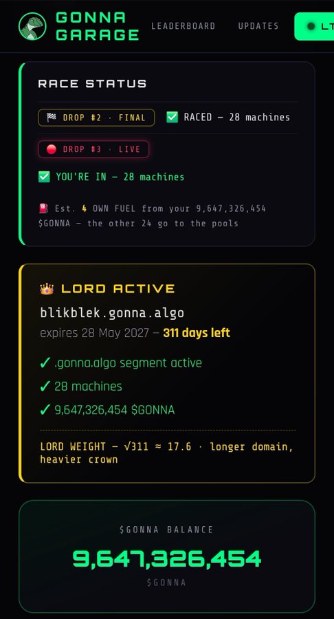 A screenshot of a 'GONNA GARAGE' interface shows a 'RACE STATUS' panel indicating 'DROP #3 • LIVE' and a 'LORD ACTIVE' section for 'blikblek.gonna.algo' with a balance of 9,647,326,454 $GONNA.