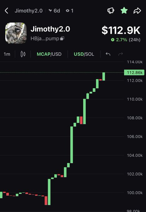 A cryptocurrency chart for 'Jimothy2.0' (ticker: HBja...pump) showing a market cap of $112.9K, up 2.7% in 24 hours, with a sharp upward price trend displayed in green candlesticks.