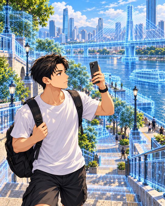 An anime-style illustration shows a young man with a backpack taking a selfie on a riverside promenade, with holographic blue wireframe outlines of buildings and a bridge visible in the background cityscape.