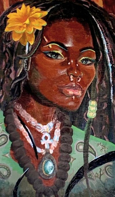 A painted portrait of a woman with dark skin, a yellow flower in her hair, wearing an ankh necklace and beaded jewelry, looking thoughtfully to the side.