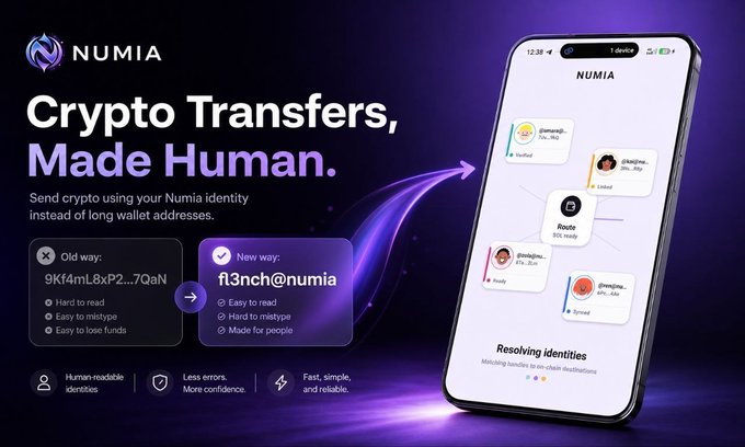 A promotional graphic for NUMIA advertising 'Crypto Transfers, Made Human,' comparing an old complex wallet address to a simple human-readable @numia identity.