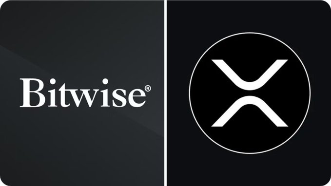 The image displays the Bitwise logo (left, in white text on a dark background) alongside the XRP cryptocurrency logo (right, featuring the distinctive "X" symbol in a black circle). The graphic visually represents the accompanying news about Bitwise ETF clients purchasing $6.55 million worth of XRP.