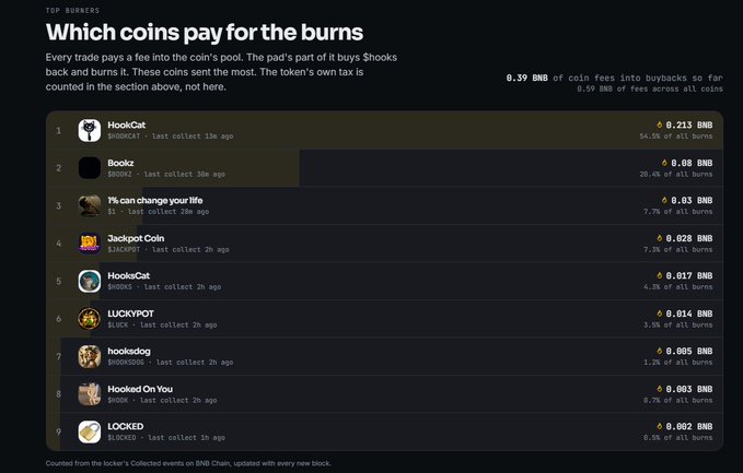 A cryptocurrency dashboard titled 'Which coins pay for the burns' showing top tokens like HookCat, Rookz, and LuckyPot with their BNB contribution amounts to coin buybacks and burns.