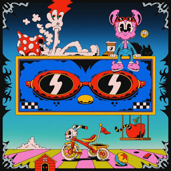 A whimsical pop-art illustration featuring a surreal blue cartoon character wearing lightning-bolt sunglasses, accompanied by playful elements like a smoking mushroom, a red tricycle, and a checkered landscape. The vibrant, chaotic style matches the artist's cheerful tone, perfectly capturing the playful "Wackyville" teaser they've just shared with supporters.