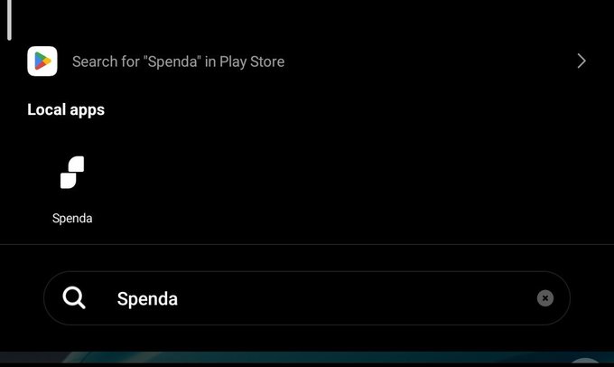 An Android Play Store search screen shows the query 'Spenda' entered, with a local app result for 'Spenda' displayed above.