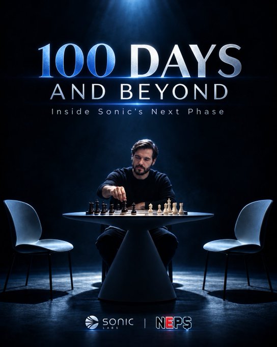 A promotional poster titled '100 DAYS AND BEYOND - Inside Sonic's Next Phase' featuring a man playing chess in dramatic lighting, with Sonic Labs and NEPS logos at the bottom.