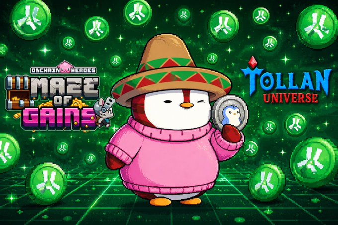 The image features a cartoon penguin wearing a pink sweater, holding a silver coin with a green background featuring small circles of various sizes scattered throughout. The penguin appears to be standing against a backdrop that includes a green grid patterned with white stars. The text in the image reads "@TollanUniverse Genesis Avatars and @PenguClash Favorite Abstract meme/coin: $PENGU favorite abstract game: @TollanUniverse & @onchainheroes favorite abstract tech/app: @opensea Wuts yours?".