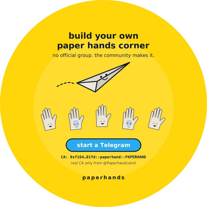 A yellow circular promotional graphic for 'paperhands' reading 'build your own paper hands corner - no official group. the community makes it.' featuring a paper airplane and five cartoon hands, with a 'start a Telegram' button and contract address '0xf164...01fdd::paperhand::PAPERHAND'.