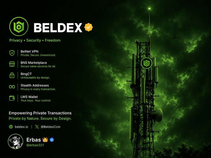A promotional graphic for the BelDex privacy-focused crypto project displays its logo and tagline "Privacy • Security • Freedom" alongside features like BelNet VPN, BNS Marketplace, RingCT, Stealth Addresses, and LWS Wallet, with the tagline "Empowering Private Transactions." The dramatic image of a glowing communications tower in stormy green skies visually reinforces the post's discussion of Beldex's zero-knowledge age verification technology, symbolizing secure, private digital communications.