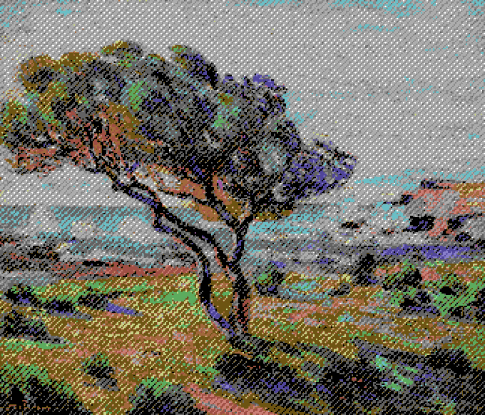 A heavily pixelated, colorful cross-stitch style artwork depicting a tree with a sprawling canopy in a grassy landscape.