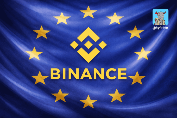The image features the Binance logo (a gold diamond-shaped symbol with the word "BINANCE" beneath it) set against a waving European Union flag, surrounded by 12 golden stars, symbolizing Binance's continued presence in the European market. A small profile image with the handle "@kylobtc" appears in the top right corner, representing the post's author.

The visual reinforces the post's message by directly pairing the Binance brand with EU symbolism, illustrating the company's commitment to remaining in Europe despite regulatory challenges.