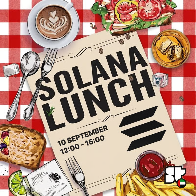 A promotional flyer for 'SOLANA LUNCH' on September 10 from 12:00 - 15:00, styled with food illustrations on a red checkered tablecloth.