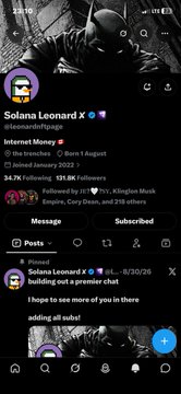 This appears to be a screenshot of a Twitter/X profile page for Solana Leonard, showing their handle @leonardwithsolde, 34.7K following, 65.8K followers, and the description "building out a premier chat." A pinned post from 8/30/26 reads "Hopes to see more of you in there," tying into the caption's welcome message to Josiah.