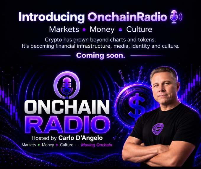 A promotional image for OnchainRadio hosted by Carlo D'Angelo, focusing on Markets, Money, and Culture, stating 'Crypto has grown beyond charts and tokens' and 'Coming soon.'