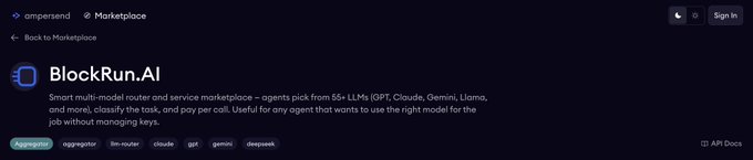 A screenshot of a webpage for 'BlockRun.AI' on the onperson send marketplace, describing it as a 'Smart multi-model router and service marketplace' supporting AI agents like Aggregator, lm-router, claude, gpt, gemini, and deepseek.