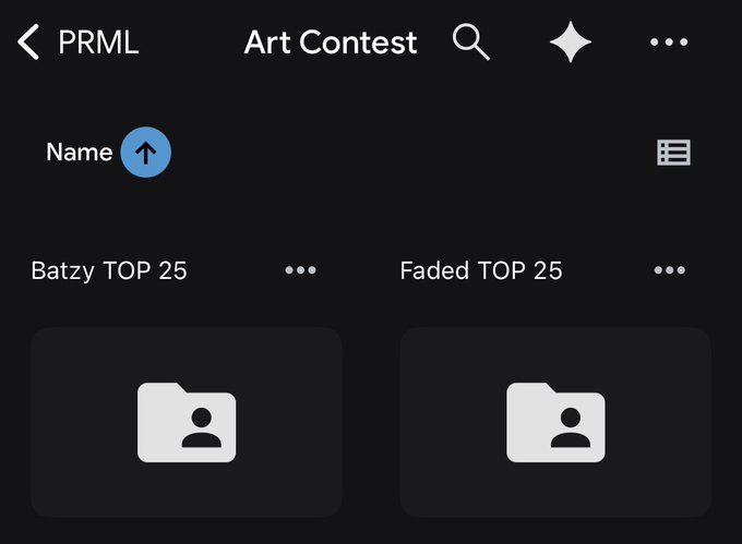 A dark-themed mobile app screen titled 'Art Contest' showing two empty folder icons labeled 'Batzy TOP 25' and 'Faded TOP 25' sorted by name.