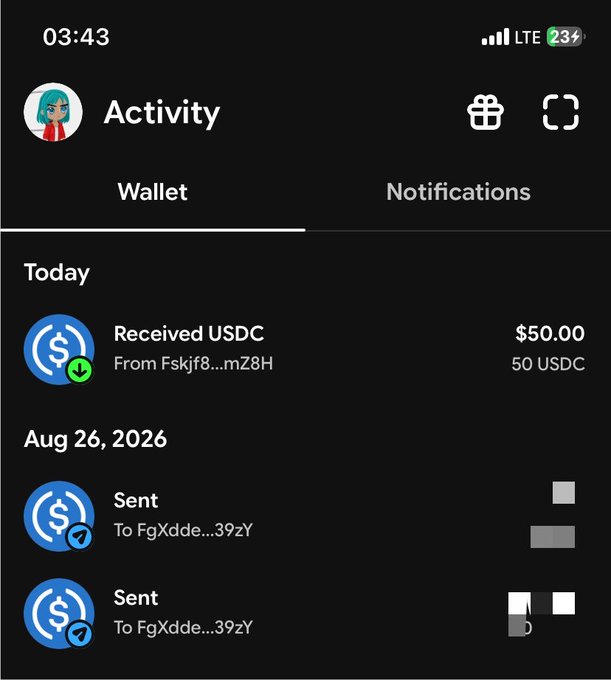 A Robinhood app screenshot showing a crypto wallet activity tab with a $50.00 USDC deposit received today (August 26, 2026) from address "Fskjf8...mZ8H," reflecting the user's excitement about receiving a "stimmy" payment for web3 work.