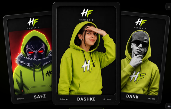Three "Hood Frens" NFT collectible cards are displayed, featuring characters in green hoodies with the "HF" logo: "SAFZ" from Series 1 (@CryptoSait), "DASHKE" from Series 2 (@Dashke, HF2-010), and "DANK" from Series 2 (HF2-005, @dank). The image showcases the type of digital collectible cards that the user received as a reward in free packs from the HoodFrens project for supporting the Genesis crew from the beginning.
