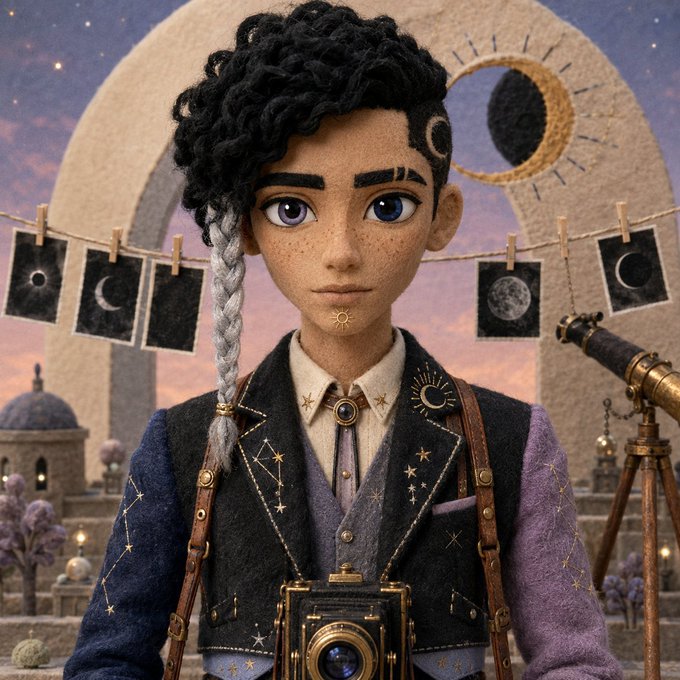 The image is a beautifully detailed 3D-rendered illustration of a young, dark-haired character with a long braid, wearing an embroidered vest adorned with celestial motifs, holding a vintage camera, set against a dreamy backdrop featuring an observatory, telescope, and photographs of moon phases clipped to a string.

This image aligns perfectly with the artist's "GmGm" morning post, showcasing their polished, whimsical character artwork being prepped for the @SundaySociety_ collection, capturing the celestial theme with constellations, a sun emblem, and moon imagery in the stylized design.