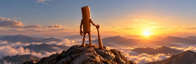 An anthropomorphic bullet-shaped character stands triumphantly on a rocky mountain peak holding a spent shell casing, overlooking a vast landscape at sunset.