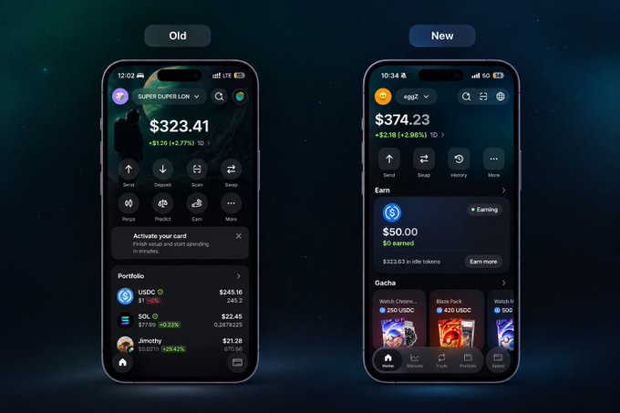 Two smartphone mockups labeled 'Old' and 'New' showcase a redesigned dark-mode crypto application interface with new features like 'Earn', 'Gacha', and 'History'.