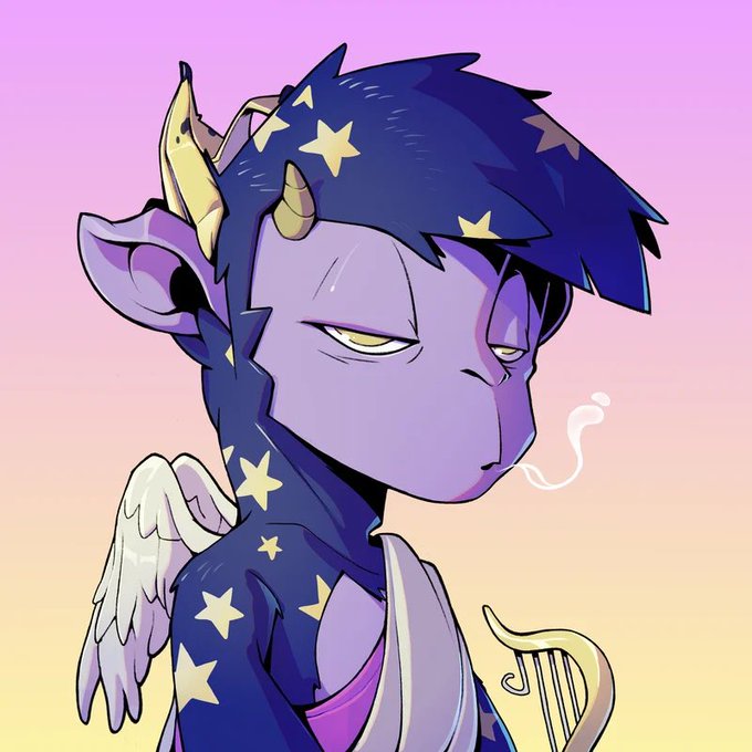 Digital illustration of a purple-skinned horned character with dark blue star-patterned hair, white angel wings, and a golden lyre, with steam rising from their mouth against a pink and yellow gradient background.