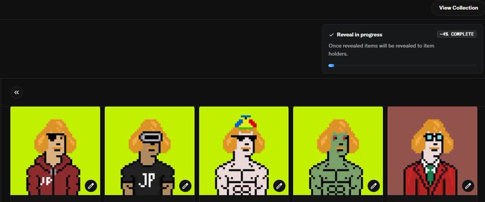 A digital collection interface showing five pixel-art character portraits with blonde hair, featuring a 'Reveal in progress' notification with '~4% COMPLETE' and text stating 'Once revealed, items will be revealed to item holders.'