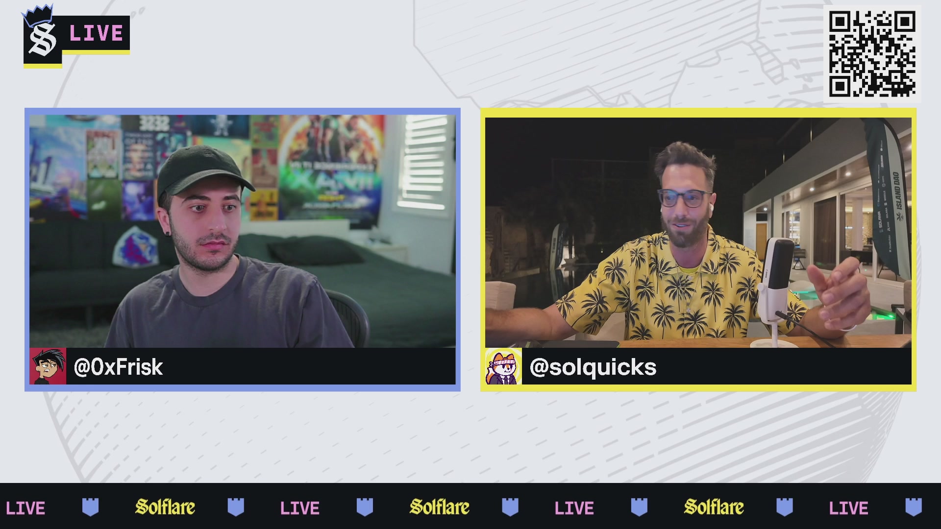 The image shows two men sitting behind a desk with microphones, one of them holding a microphone while the other man has his hand up. The background features a white wall with a map displayed on it. The text in the image reads "We're LIVE for Solflare Live #44 @0xfrisk has been ripiing packs left + right. Join @solquicks live as they dive into cards, collecting, @Collector_Crypt & why opening packs might be the most fun thing happening in crypto & the world right now".