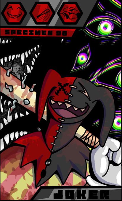 A stylized trading card labeled "SPEERMEN OG" features "JOKER," a menacing jester-like character with stitched features, a wide toothy grin, and red and black color scheme, alongside floating evil green eyes and monster mouth icons at the top. The edgy, hand-drawn NFT artwork fits the promotional post for the "Archetypes" collection launching on Arc with a 700 supply.