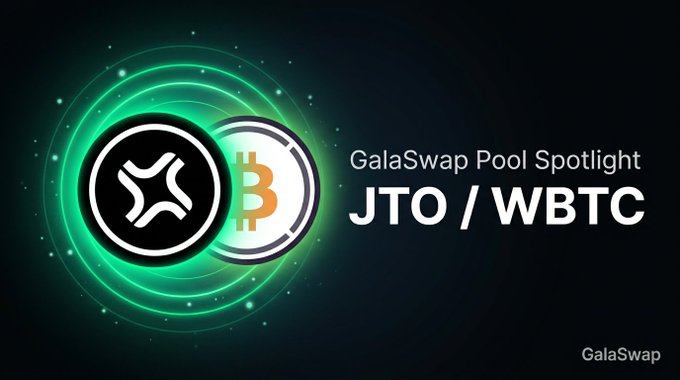 The image is a promotional graphic featuring a glowing green circular design with the XRP and Bitcoin logos overlapping, alongside text reading "GalaSwap Pool Spotlight" and "JTO / WBTC," highlighting the GJTO/GWBTC trading pair featured in the post. The GalaSwap branding appears in the bottom right corner, tying the visual to the spotlight announcement about the pool's TVL, APR, and 24-hour volume.