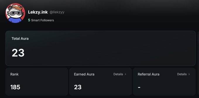 A profile page for user 'Lekzy.ink' (@llekzyy) showing 23 Total Aura points, a Rank of 185, and 5 Smart Followers.