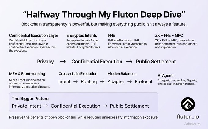 An infographic titled 'Halfway Through My Fluton Deep Dive' by AriseAura, explaining blockchain privacy concepts including Confidential Execution Layer, FHE, ZK + FHE + MPC, and AI Agents, branded with the fluton_io logo.
