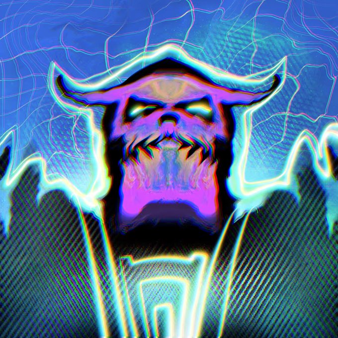 A glitch-art, vaporwave-style portrait of a purple horned demon/gorilla creature with chromatic aberration and neon electrical effects, fitting the "Vorgians: Genesis #56" NFT sale announcement. The psychedelic, otherworldly aesthetic matches the alien "Vorgian" theme of the collection, while the chaotic energy reflects the hyped "Hallelujah" countdown mentioned in the post.