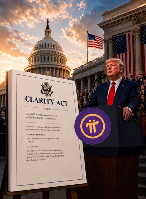 This image shows a "CLARITY ACT" bill displayed in front of Donald Trump and the U.S. Capitol, alongside the Pi Network symbol, hinting at potential regulation affecting digital assets and the Pi cryptocurrency.