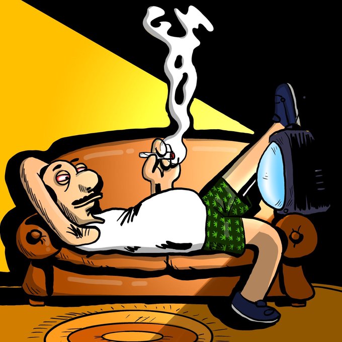 Cartoon illustration of a man lounging on an orange couch in a white tank top, green leaf-patterned shorts, and sneakers, smoking a joint under a yellow lamp.