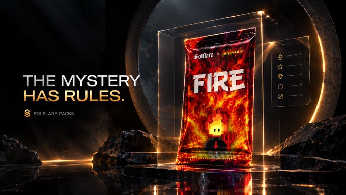 An advertisement for "SOLFLARE PACKS" featuring a fiery trading card pack labeled "FIRE" with the tagline "THE MYSTERY HAS RULES."