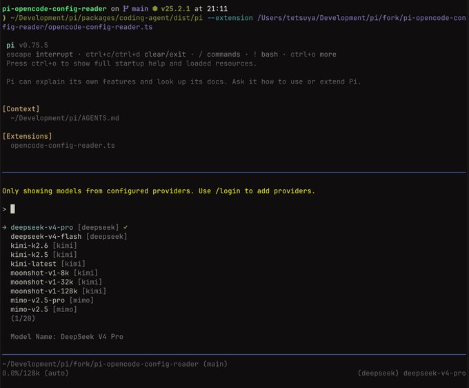 The image depicts a screenshot of a screen displaying an opencode configuration page. The code shows that the "pi agent" has been successfully extended, allowing it to use the "opencode's config file", which can be helpful for developers working on complex projects. The code also includes instructions and commands that enable various functionality within the programming environment. This extends the capabilities of the main application by plugging in a specific configuration file from an external source, thereby streamlining the development process.