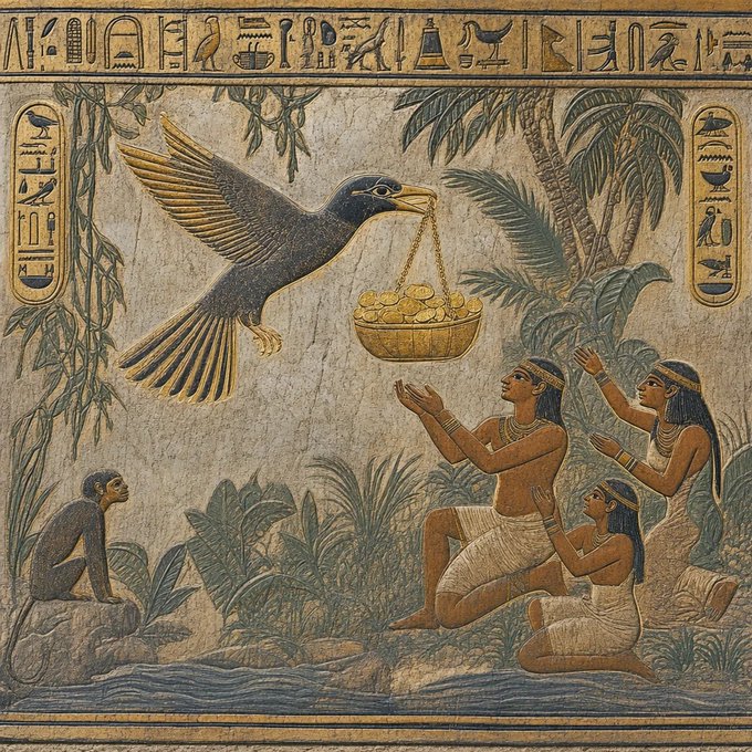 A detailed illustration in an ancient Egyptian style portrays a bird carrying a basket of gold coins to kneeling figures, surrounded by hieroglyphics and lush vegetation.