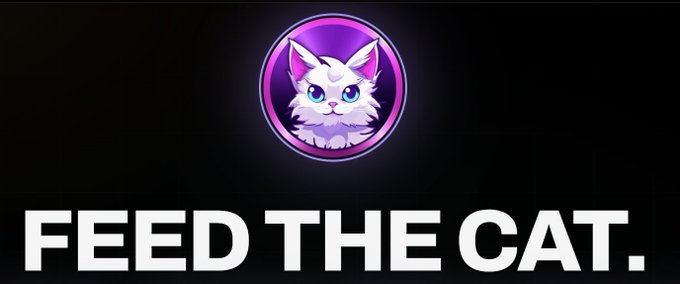 The image displays a circular purple logo featuring a stylized white cat with blue eyes, positioned above the bold white text "FEED THE CAT." This branding ties directly to the post's announcement, using the catchy cat imagery as a memorable visual hook for the community-driven LEO/STX HODLMM pool launch on Bitflow, where token holders ("feeding the cat") control when trading opens.