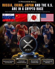 The image is a "X Finance Bull" promotional graphic depicting a metaphorical crypto race between Russia, China, Japan, and the U.S., featuring runners representing each country alongside their flags, with XRP positioned in the foreground. Text highlights include "Russia, China, Japan and the U.S. are in a Crypto Race" along with promises of "National Digital Currencies," "Financial Independence," "Blockchain Leadership," and "The Future of Money."

The image relates to the post by emphasizing XRP's central role in the global financial transformation, suggesting that amid regulatory battles like the Clarity Act, XRP remains positioned as a key player in the international crypto race—reinforcing the post's message of resilience and upward momentum.