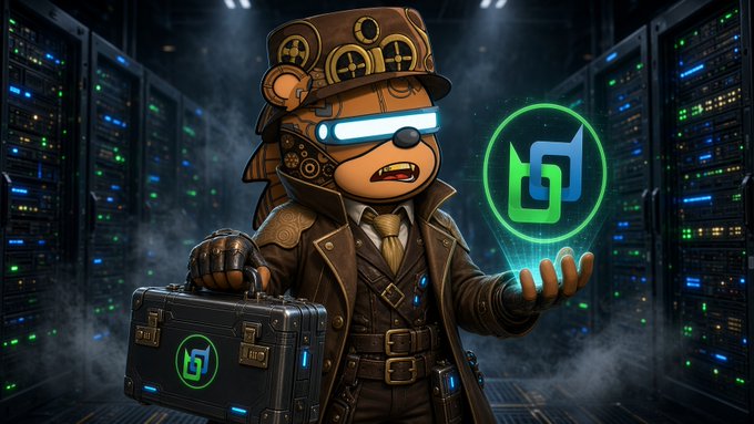 A steampunk-style bear character wearing goggles and a top hat holds a briefcase and a glowing green circular logo with a blue symbol, standing in a server room.