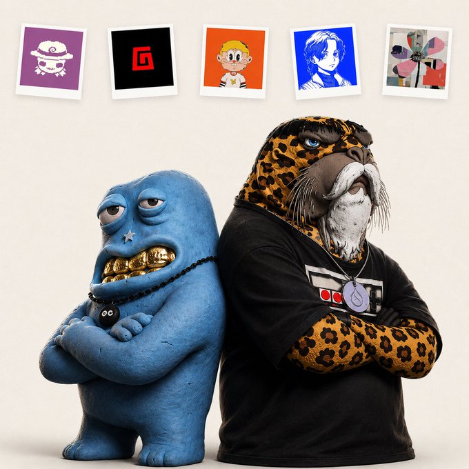 A surreal 3D-rendered image of a blue blob creature with gold teeth standing next to a leopard-headed humanoid in a black t-shirt, with five small framed art prints displayed on the wall above them.