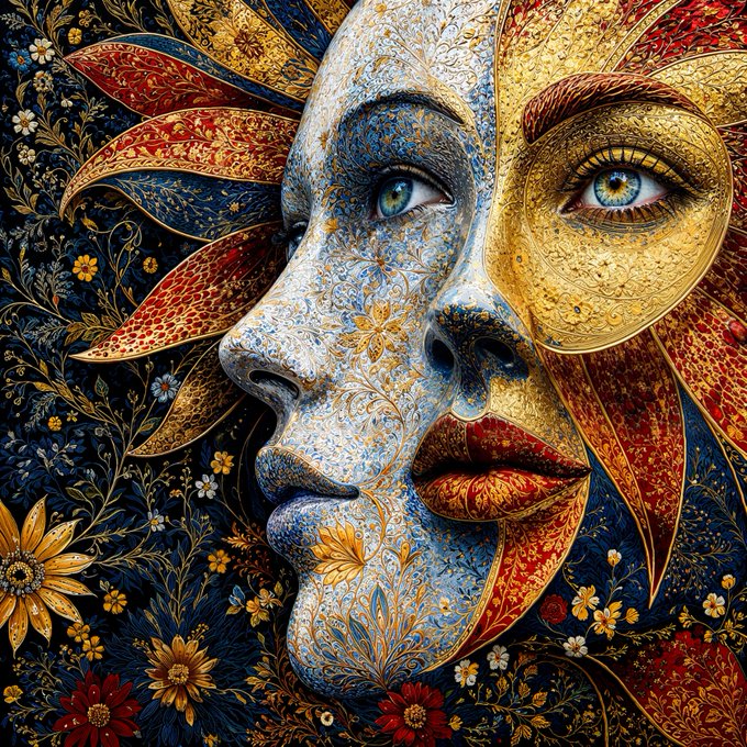 A highly detailed surreal digital artwork depicting a face split between blue floral patterns and golden sun-like textures, with piercing blue-green eyes surrounded by radiant petals.