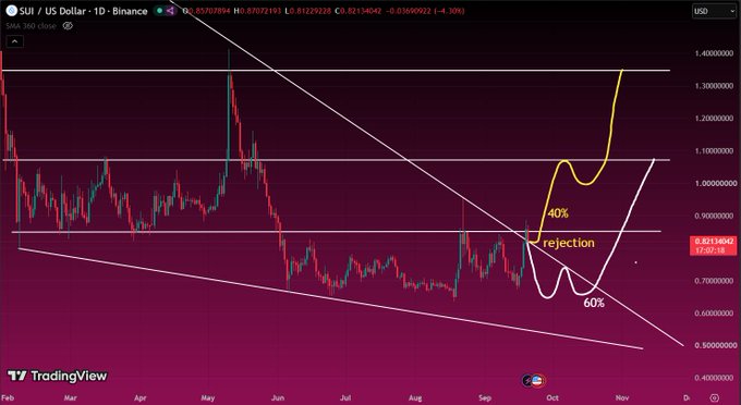 A TradingView chart titled "SUI / US Dollar · 1D · Binance" shows candlestick price action with a hand-drawn white W-pattern indicating a "rejection" with 60% probability and a subsequent projected uptrend marked in yellow.