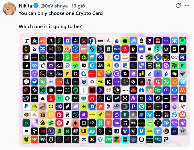 A social media update from Nikita (@0xVishnya) asking followers to choose one Crypto Card, displaying a large grid of colorful app and crypto logos for voting.